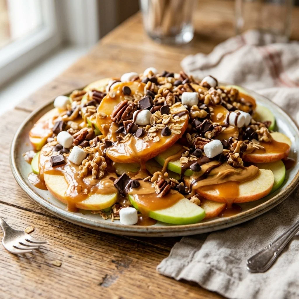 Delicious apple nachos drizzled with caramel and chocolate toppings