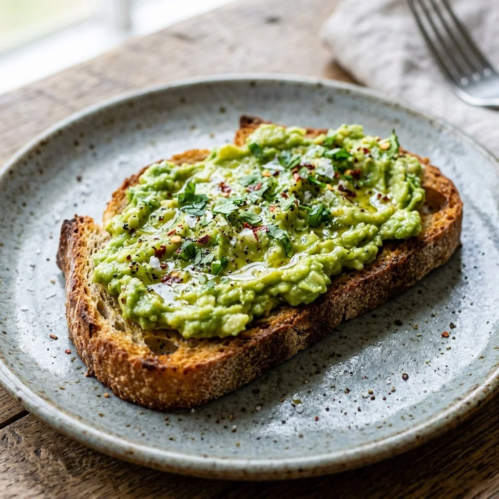 A delicious plate of avocado toast topped with fresh herbs and spices.