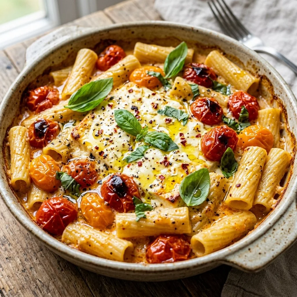 Baked feta pasta served in a bowl, topped with herbs and cherry tomatoes.