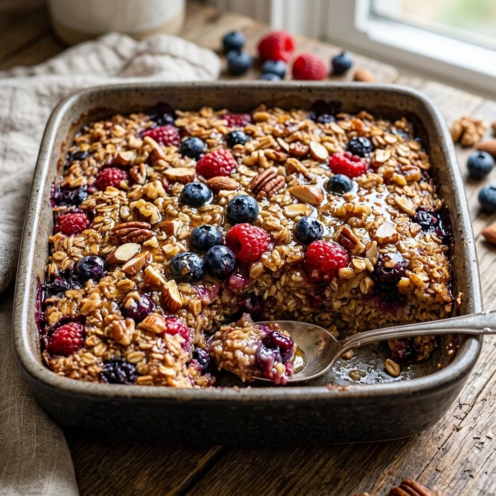 Delicious baked oatmeal topped with fresh fruits and nuts