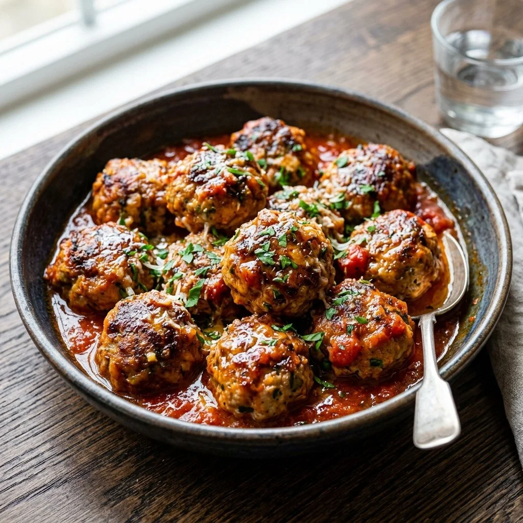 Baked turkey meatballs served on a plate with marinara sauce and fresh herbs.