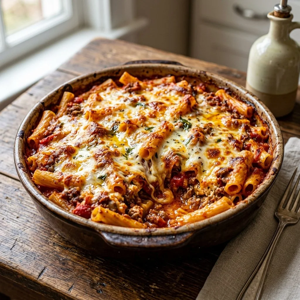 Delicious baked ziti topped with melted cheese and fresh herbs.