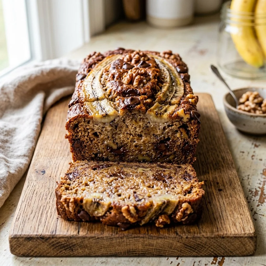 Delicious homemade banana bread sliced and ready to enjoy