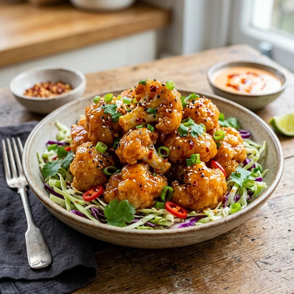Crispy Bang Bang Cauliflower served with a spicy dipping sauce