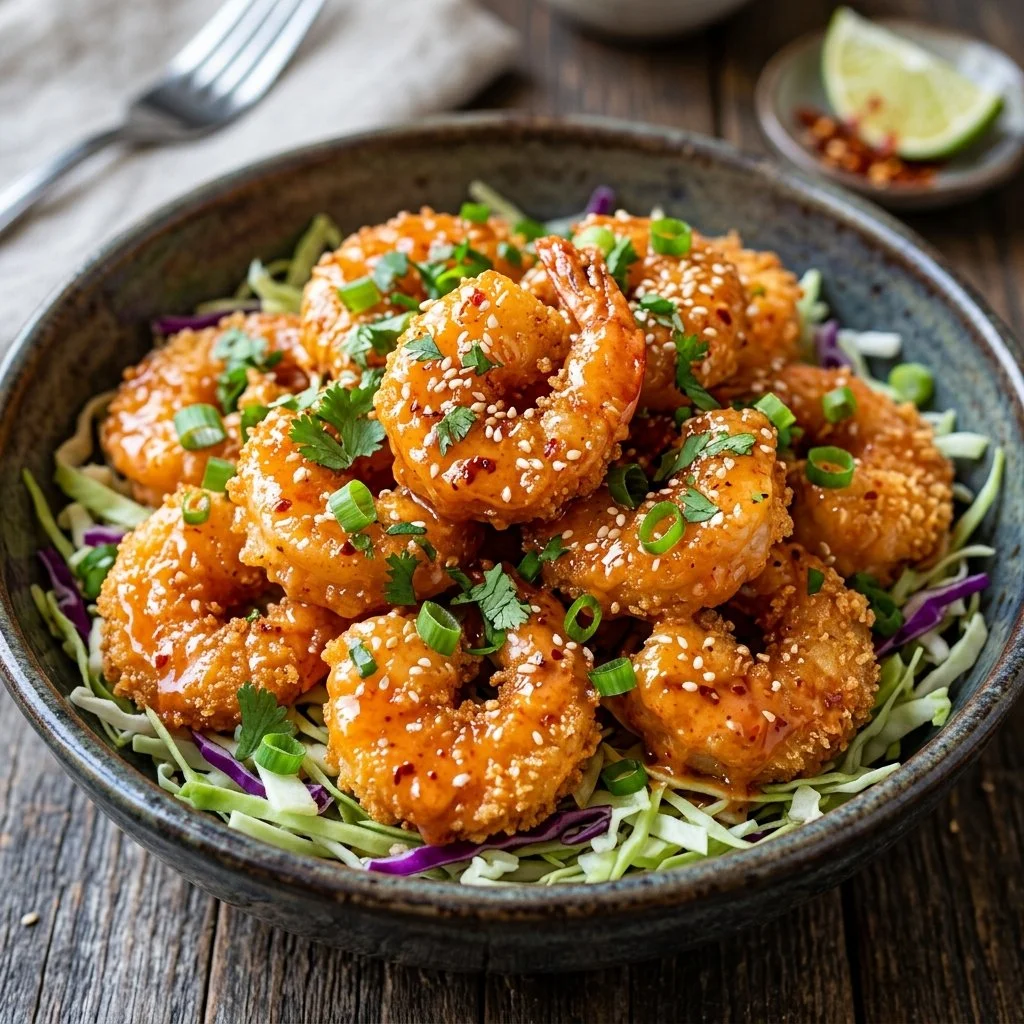 Crispy bang bang shrimp served with a spicy, creamy sauce on a plate.