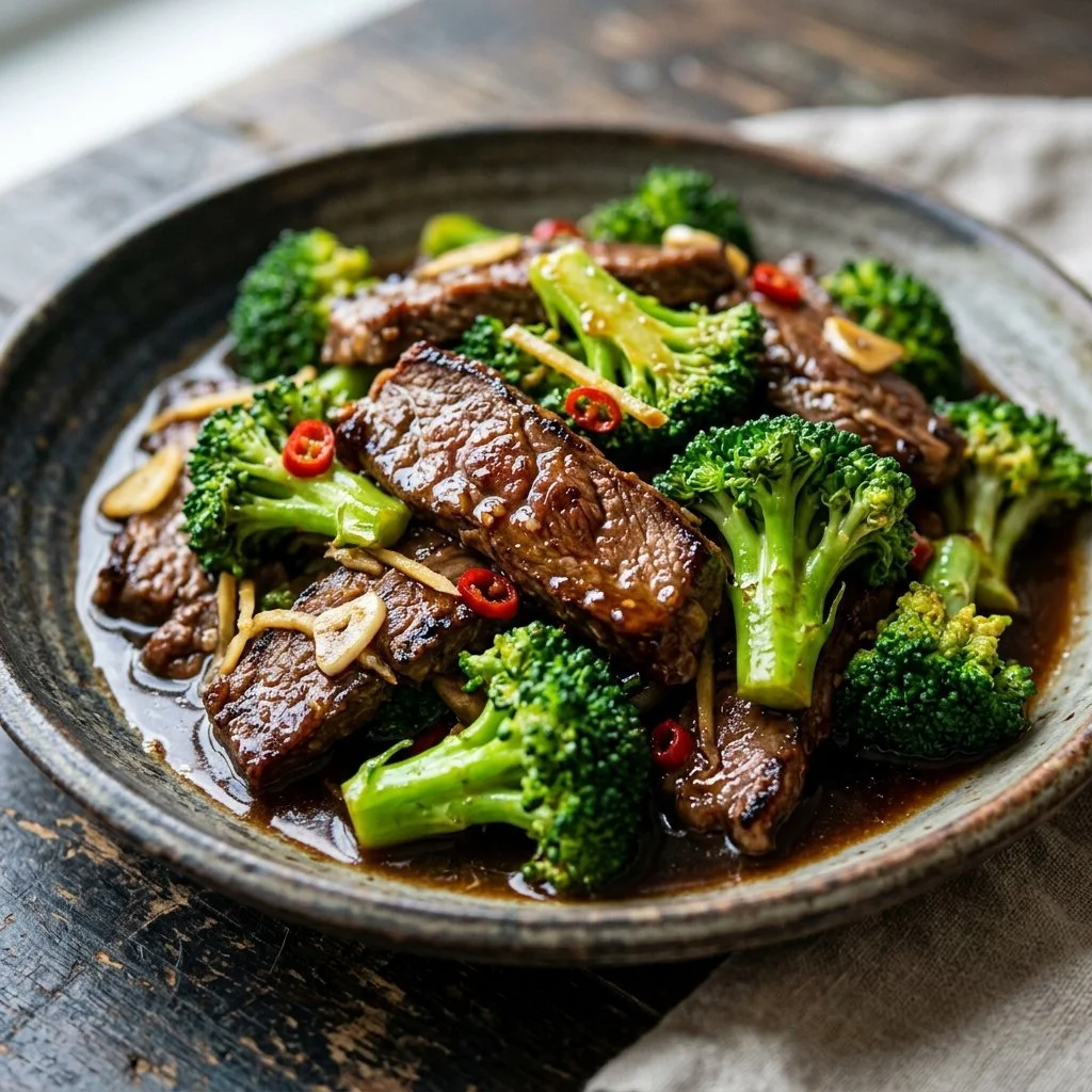 Delicious beef and broccoli stir fry served in a bowl with rice