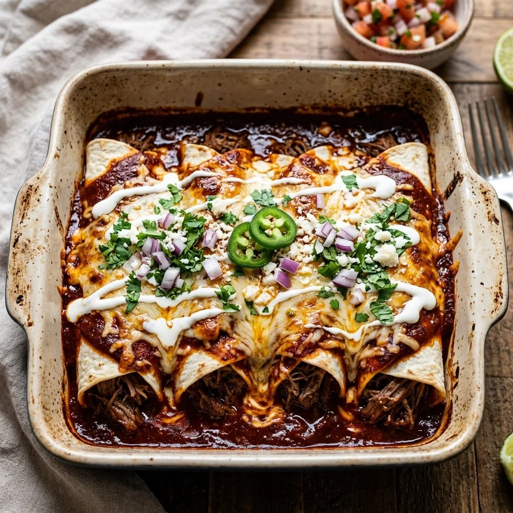 Delicious beef enchiladas topped with cheese and sauce, a mouthwatering dish.
