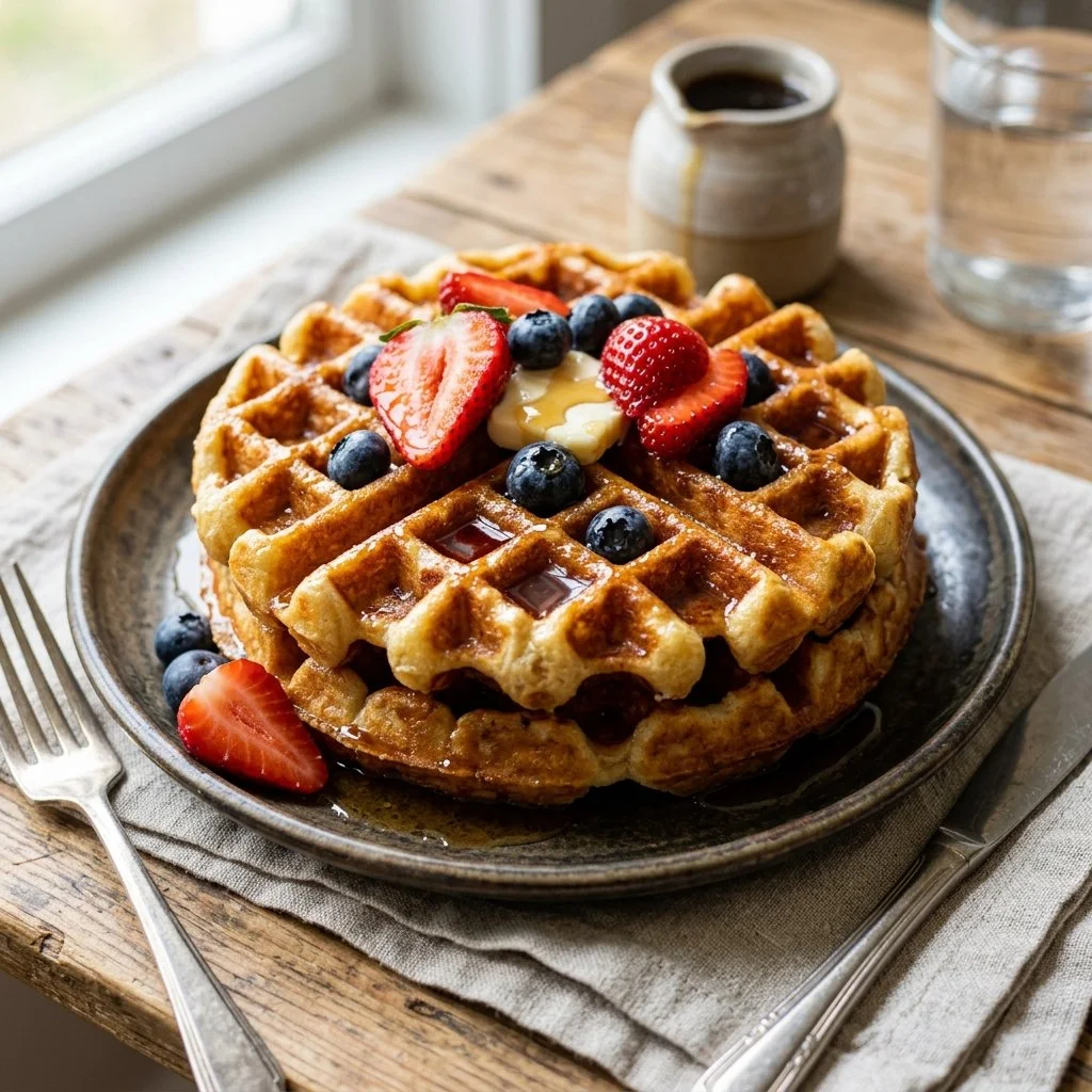 Delicious Belgian waffles topped with fresh fruit and whipped cream