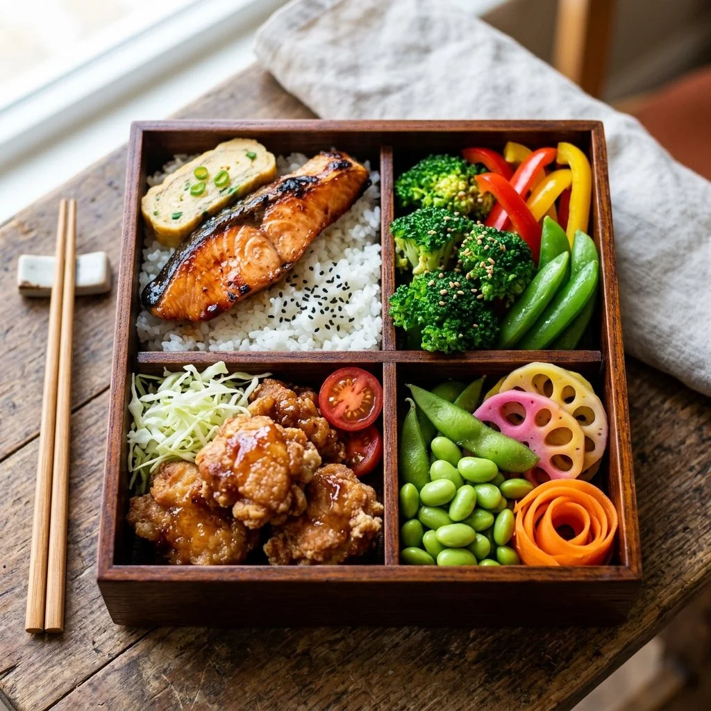 A variety of colorful and healthy bento box lunch ideas arranged beautifully.