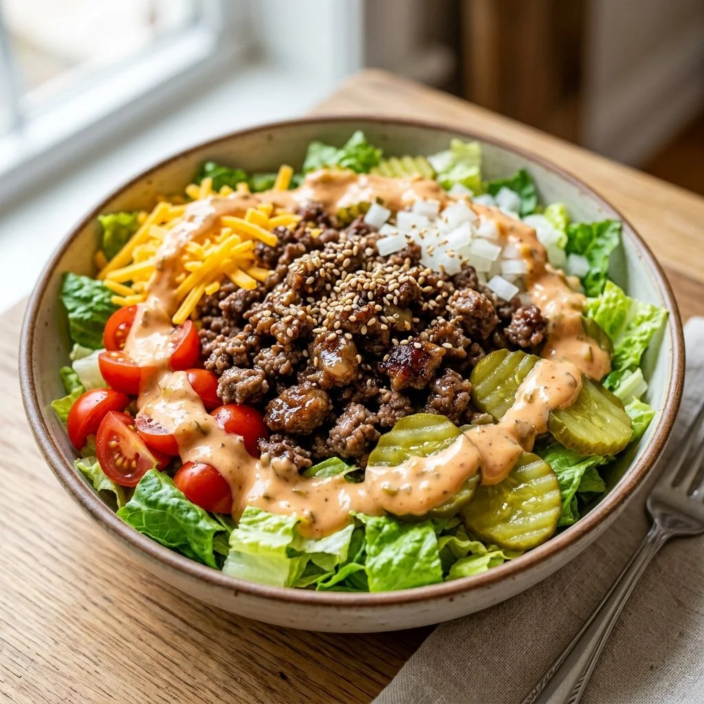 Big Mac Salad Bowl with lettuce, beef, cheese, and special sauce