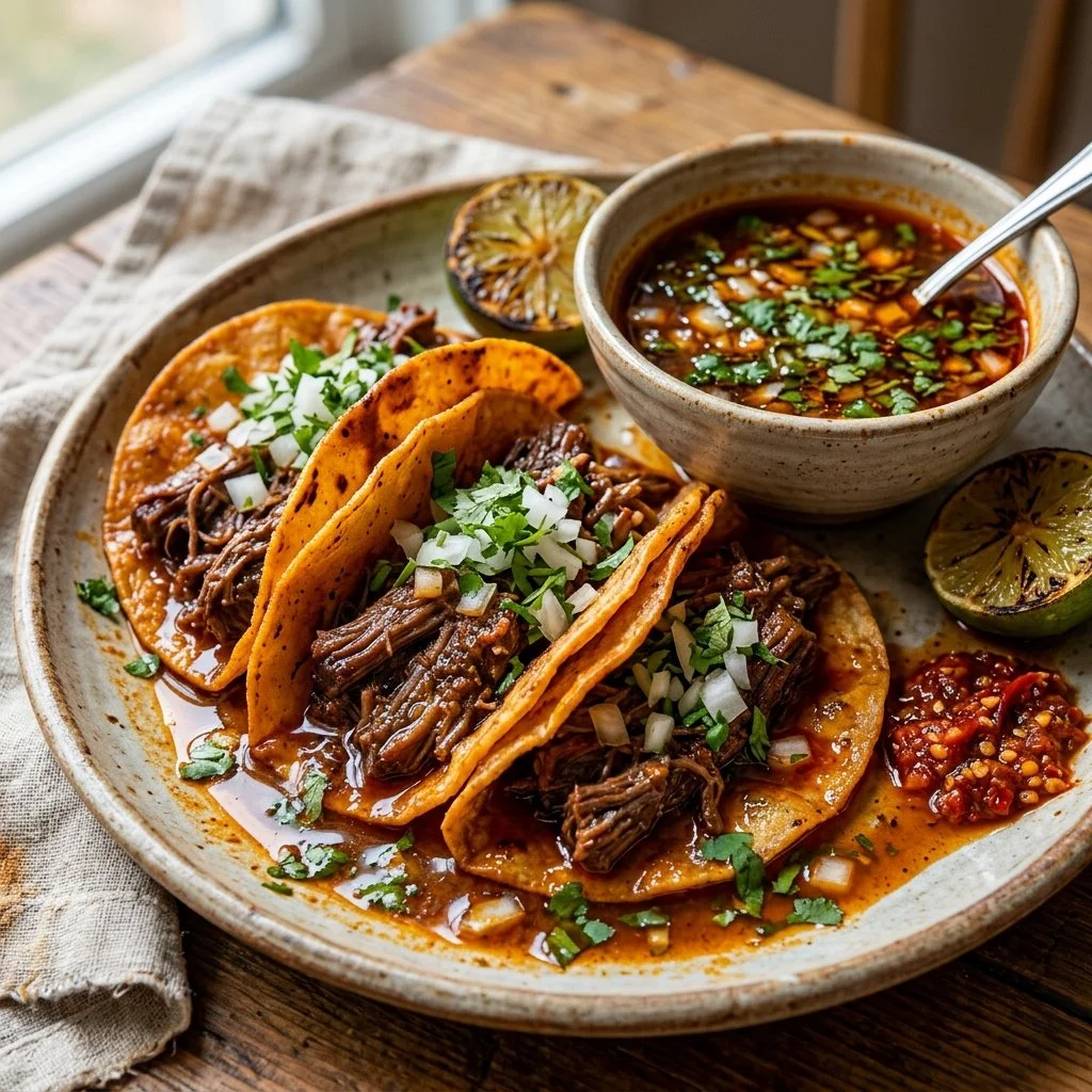 Delicious birria tacos served with broth and garnished with onions and cilantro.