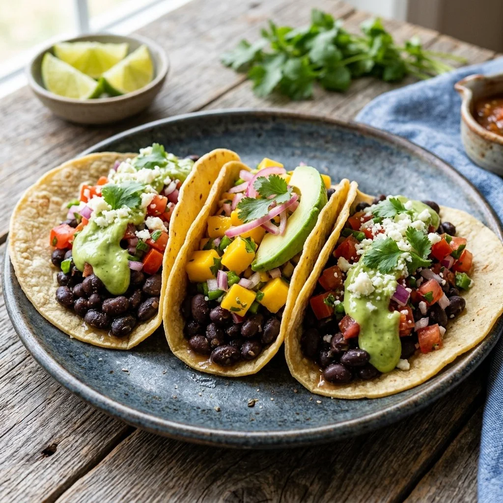 Plate of colorful black bean tacos with fresh toppings and sauces.