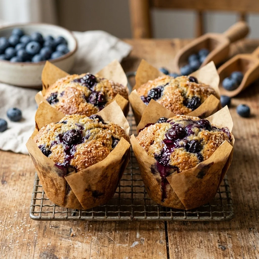 Freshly baked blueberry muffins on a cooling rack