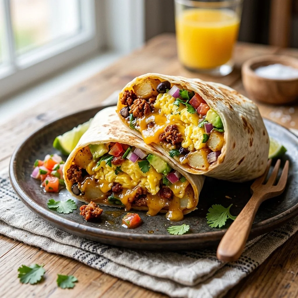 Delicious breakfast burritos filled with eggs, cheese, and veggies on a plate.