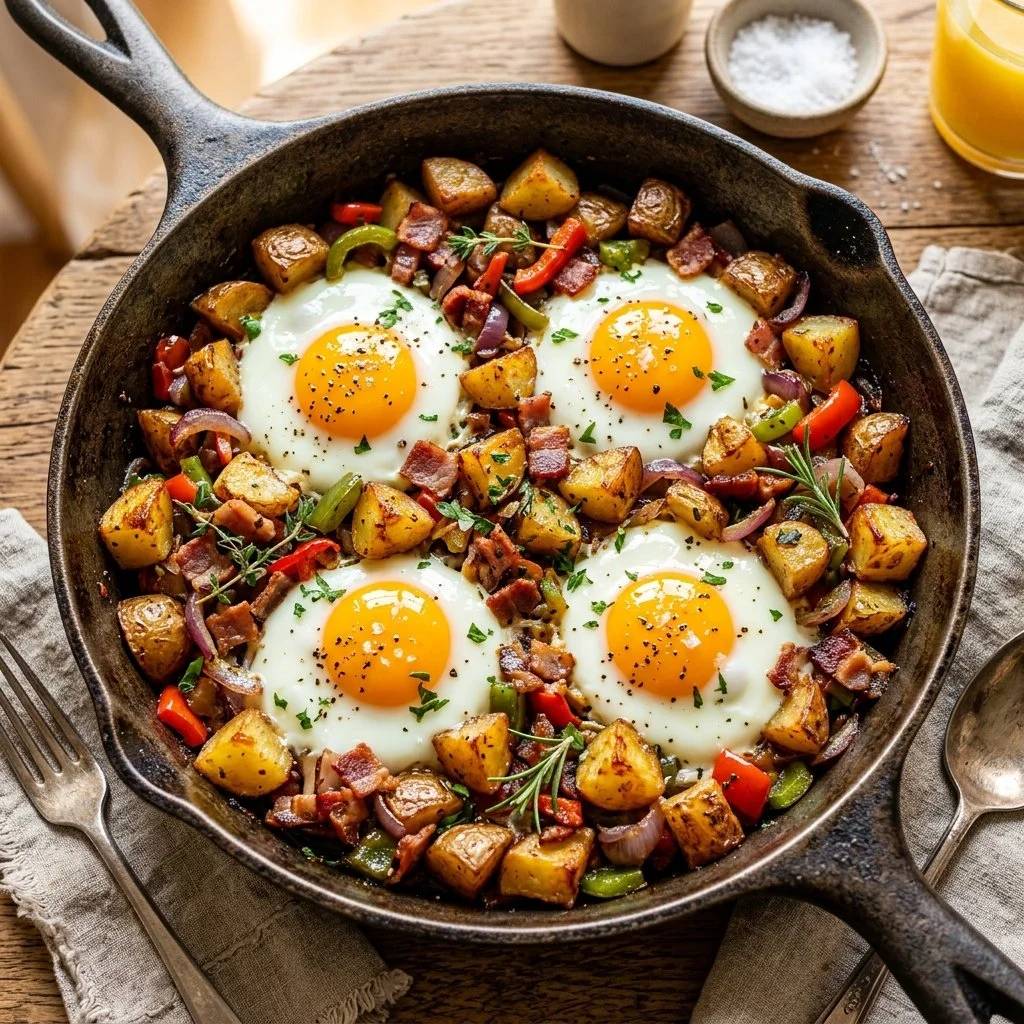 Delicious breakfast potato skillet with crispy potatoes and colorful veggies.
