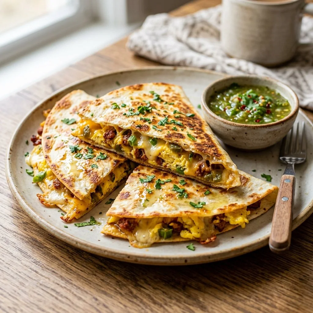 Delicious breakfast quesadillas filled with eggs, cheese, and veggies
