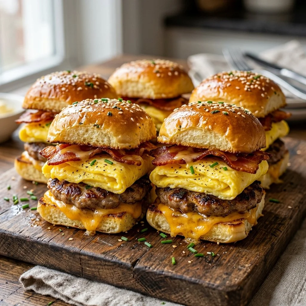 Delicious breakfast sliders stacked with eggs, cheese, and sausage