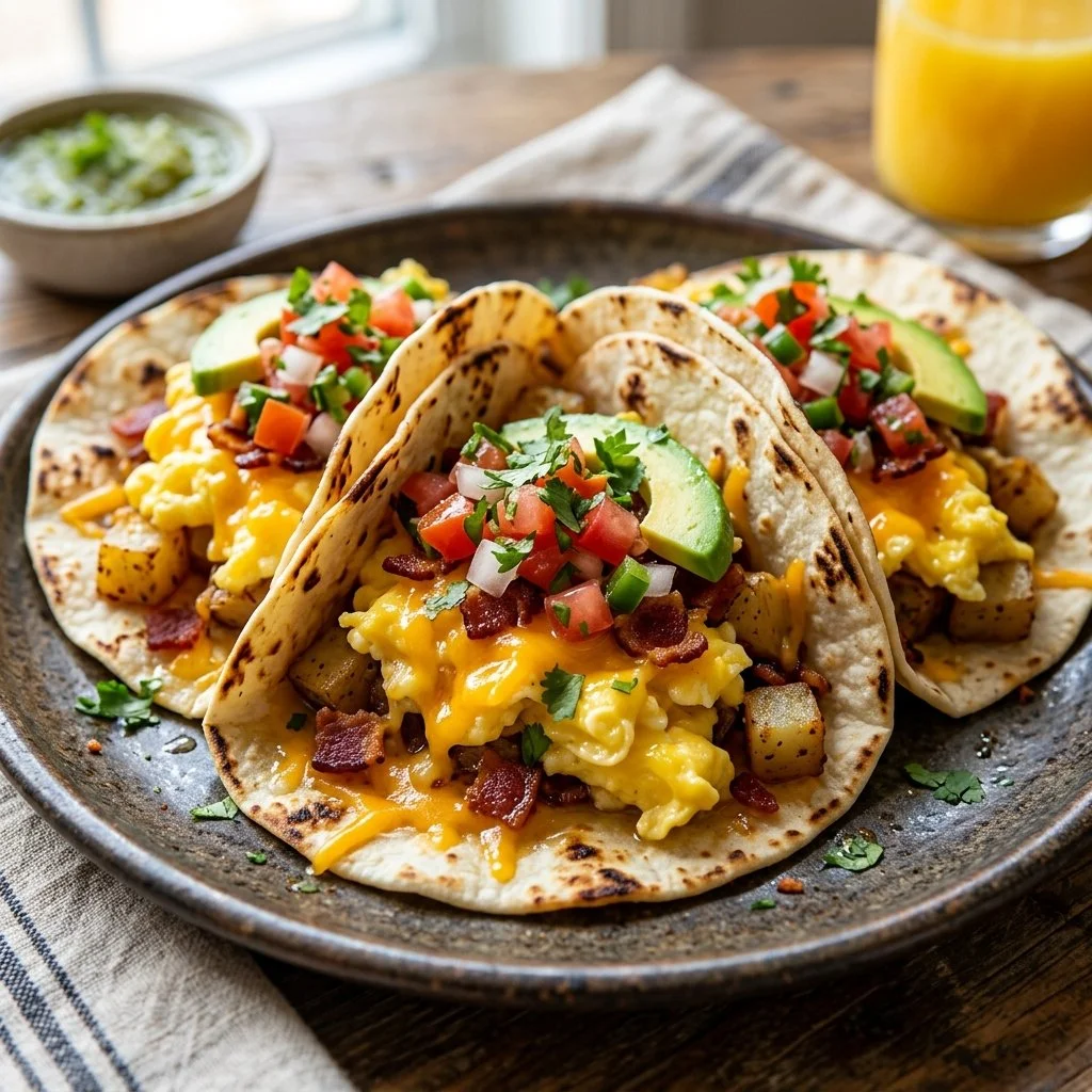Delicious breakfast tacos filled with eggs, cheese, and salsa