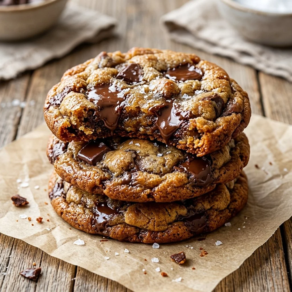 Freshly baked brown butter chocolate chip cookies on a cooling rack