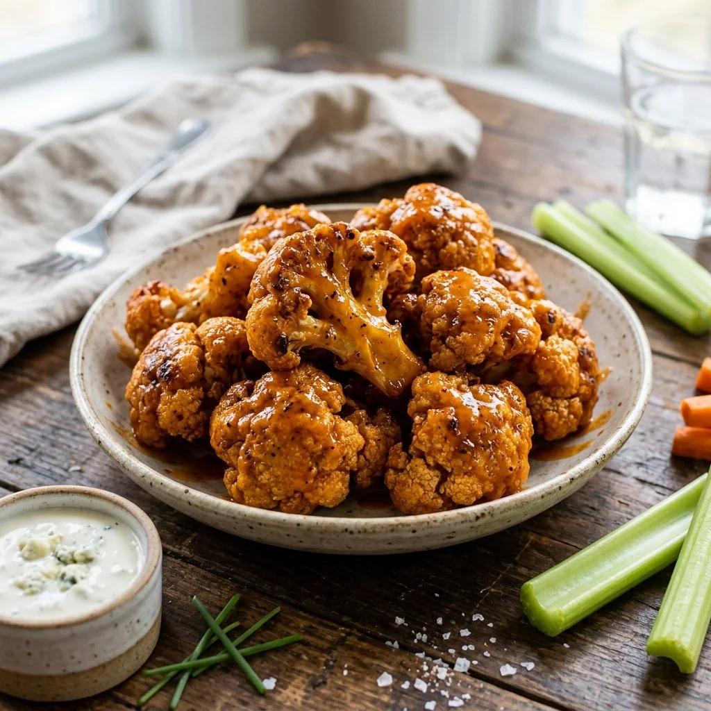 Crispy Buffalo Cauliflower Wings garnished with celery and blue cheese dip.