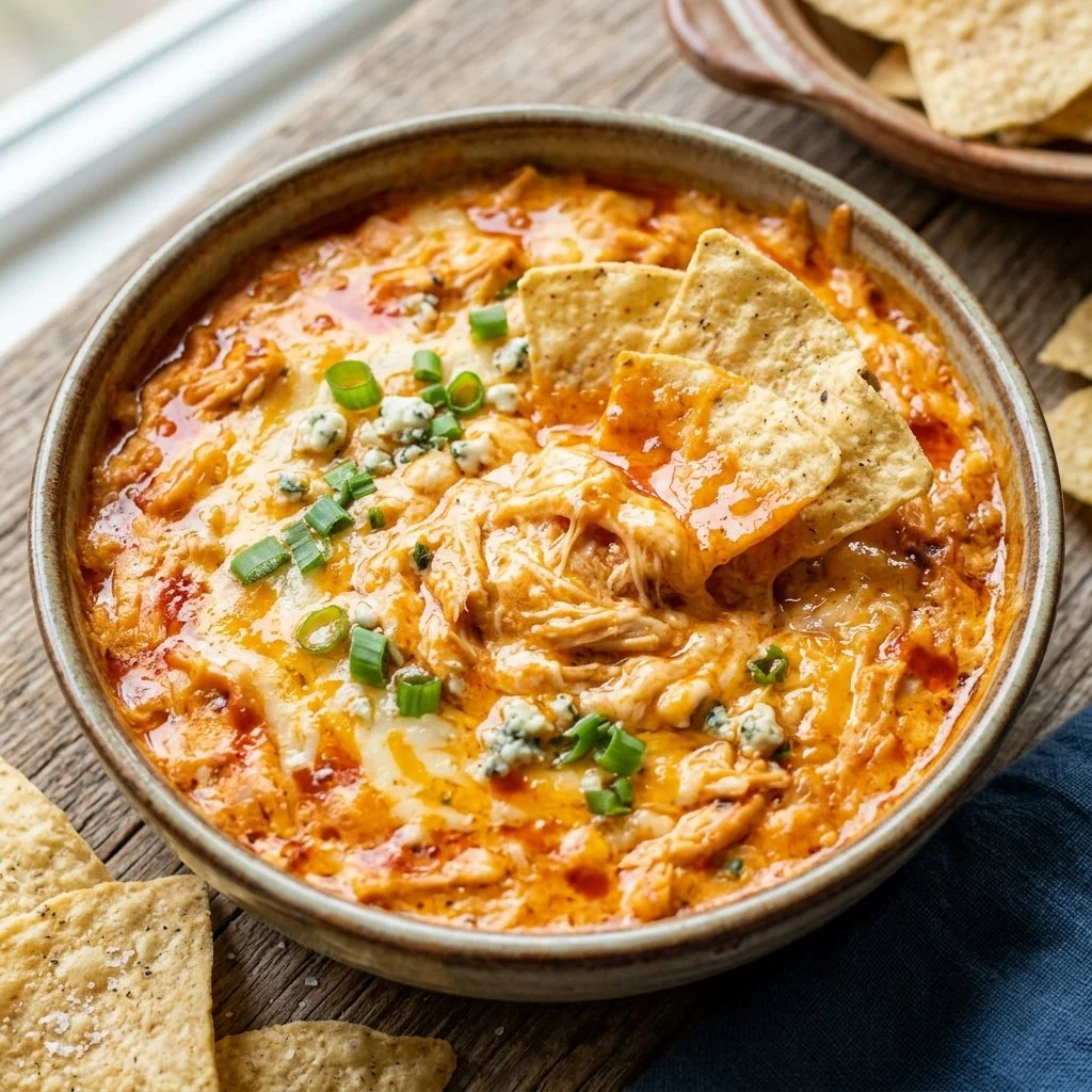 Delicious Buffalo Chicken Dip served with tortilla chips