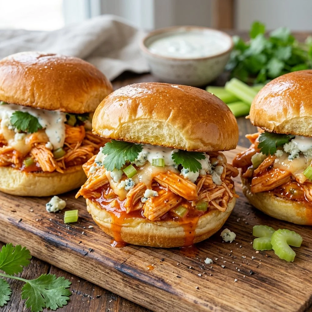 Plate of Buffalo Chicken Sliders garnished with celery and blue cheese