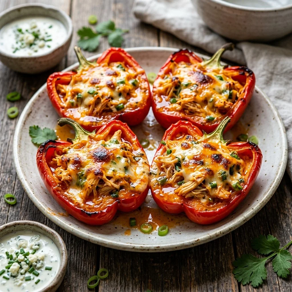 Buffalo Chicken Stuffed Peppers ready to serve, garnished with green onions.