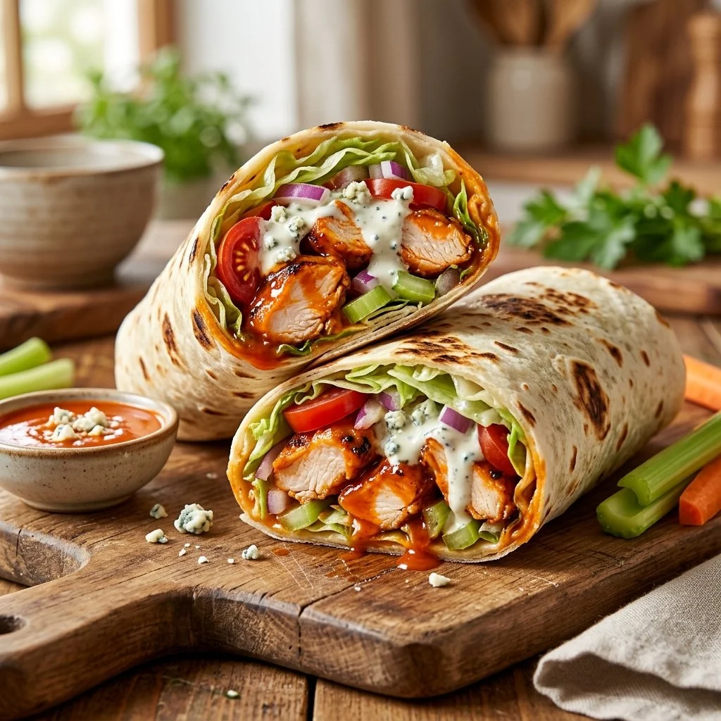 Buffalo Chicken Wrap filled with spicy chicken and fresh vegetables