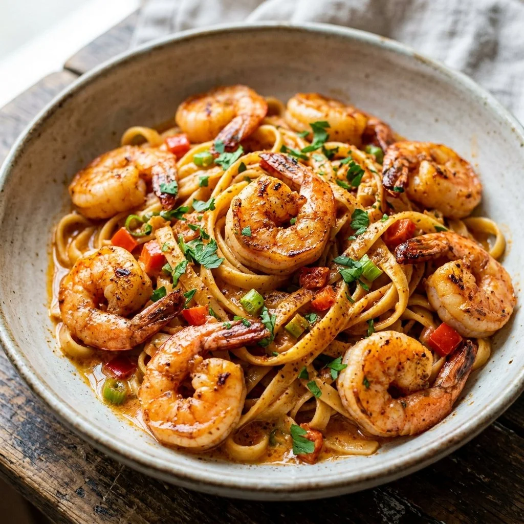 Delicious Cajun shrimp pasta garnished with fresh herbs and spices