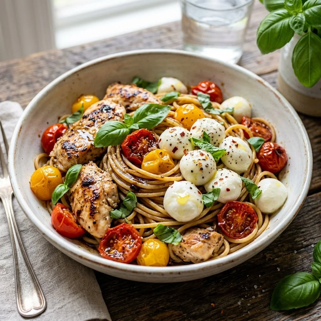 Delicious Caprese Chicken Pasta with tomatoes, basil, and mozzarella
