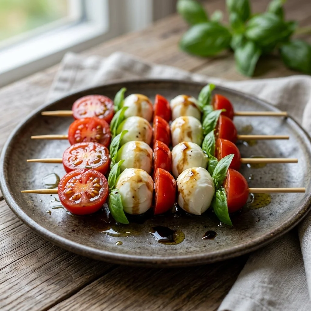 Colorful Caprese skewers with mozzarella, tomatoes, and basil on skewers