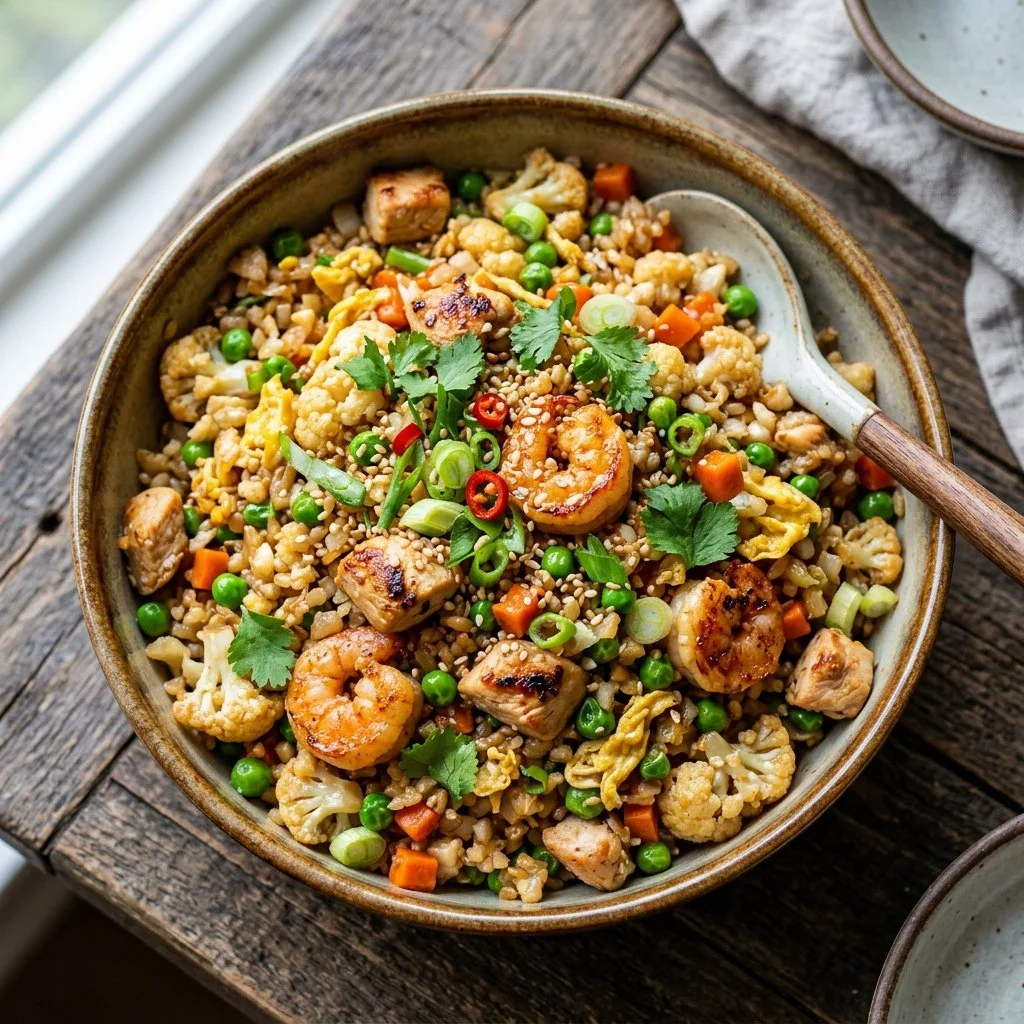 Bowl of colorful cauliflower fried rice with vegetables and sesame seeds