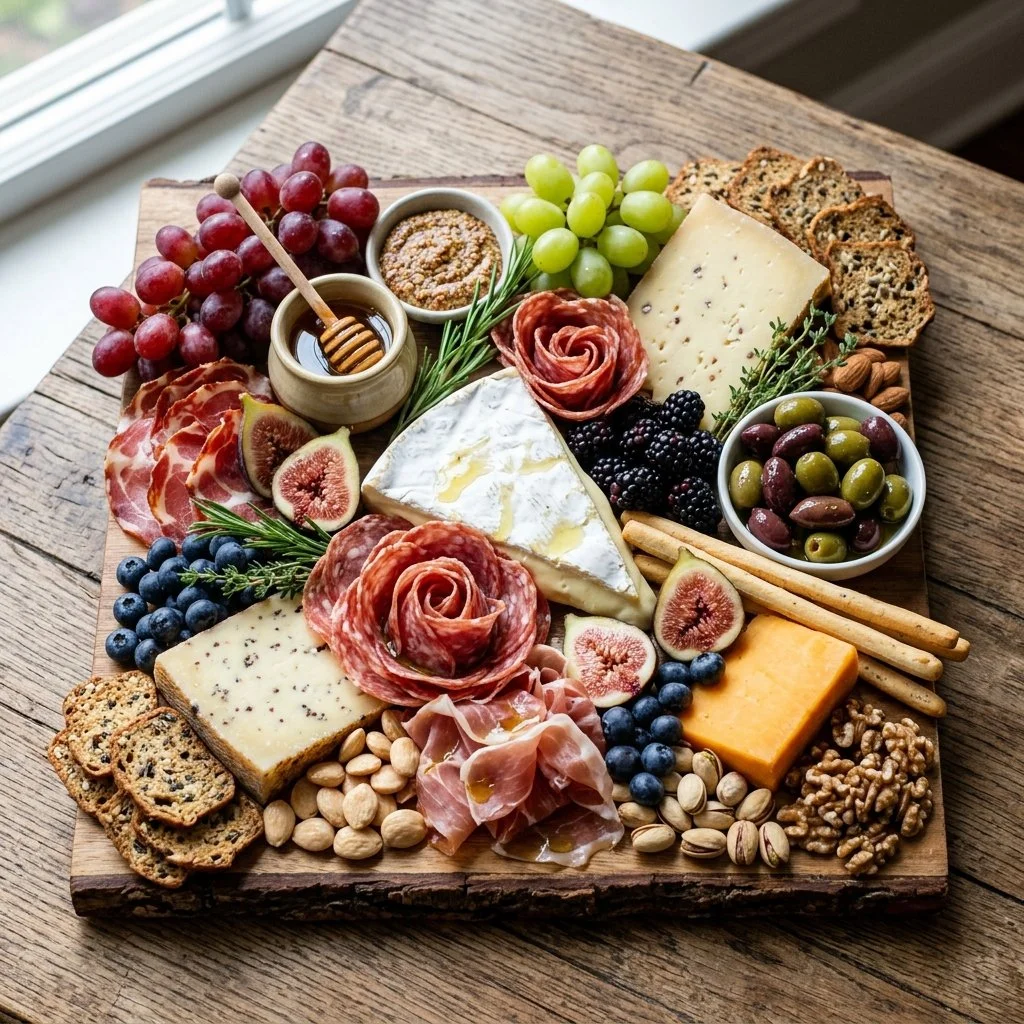 A beautifully arranged charcuterie board featuring meats, cheeses, and fruits.