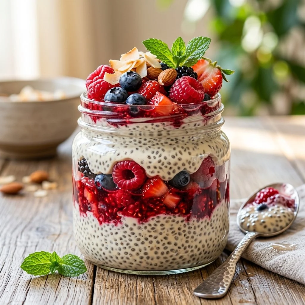 A delicious bowl of chia seed pudding topped with fresh fruits and nuts