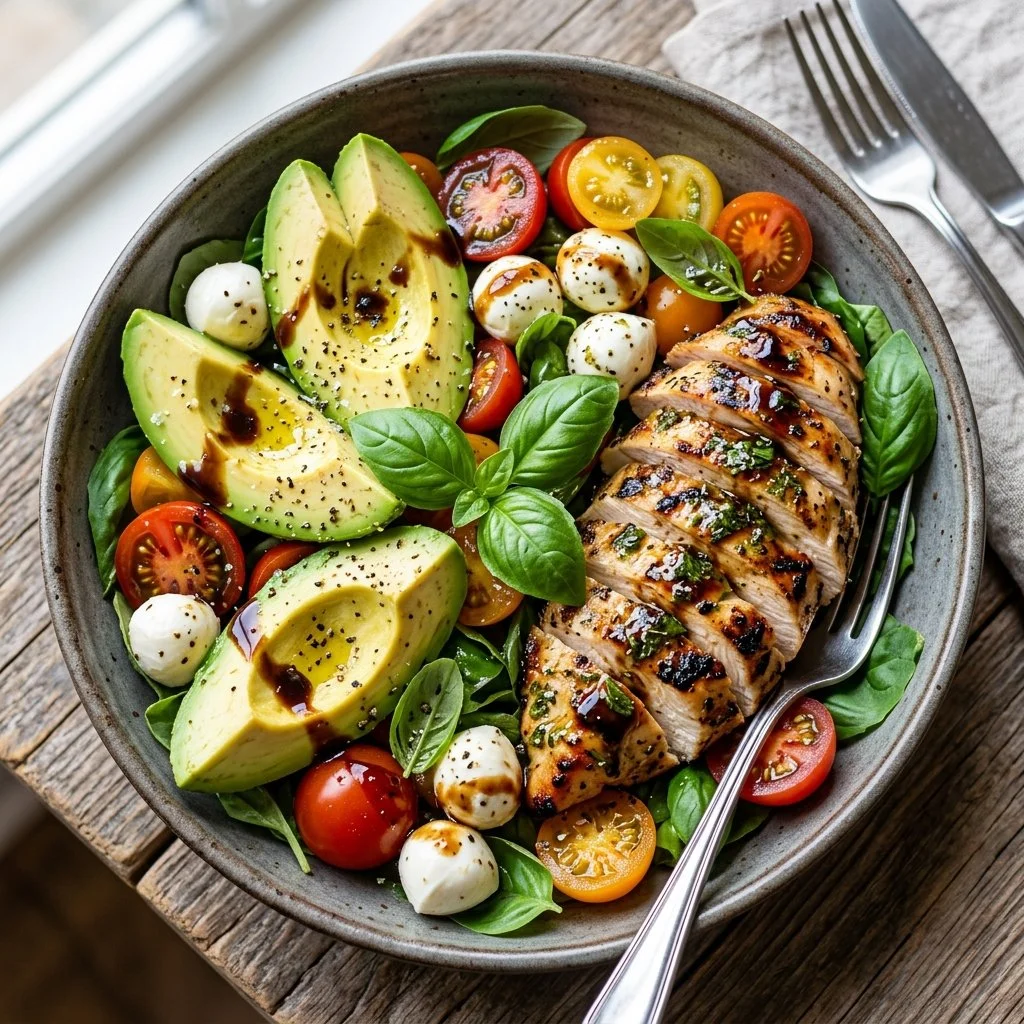 Delicious Chicken Avocado Caprese Salad with fresh ingredients