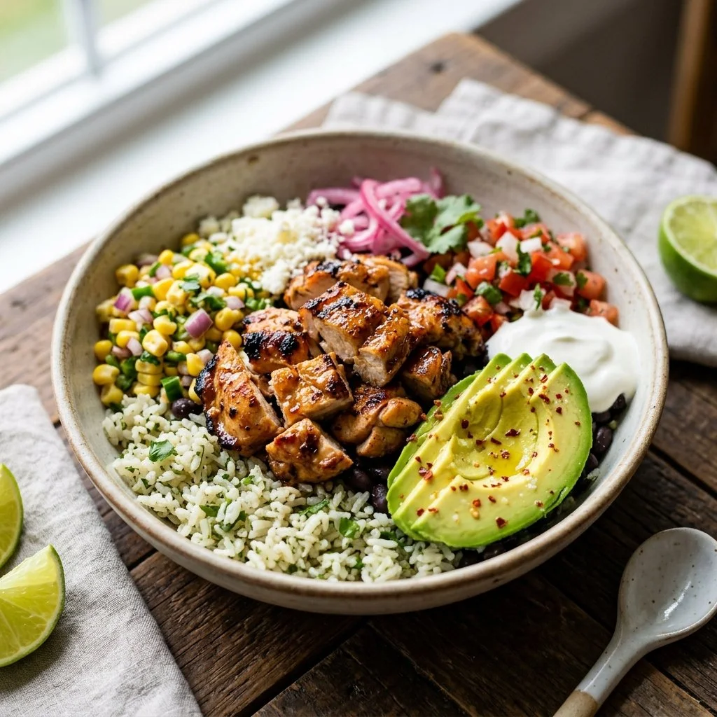 Delicious Chicken Burrito Bowl with fresh ingredients and vibrant flavors.