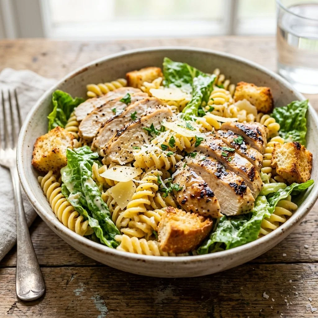 Delicious Chicken Caesar Pasta Salad featuring grilled chicken, romaine, and Caesar dressing