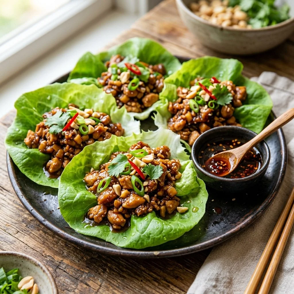 Healthy Chicken Lettuce Wraps served in crisp lettuce leaves