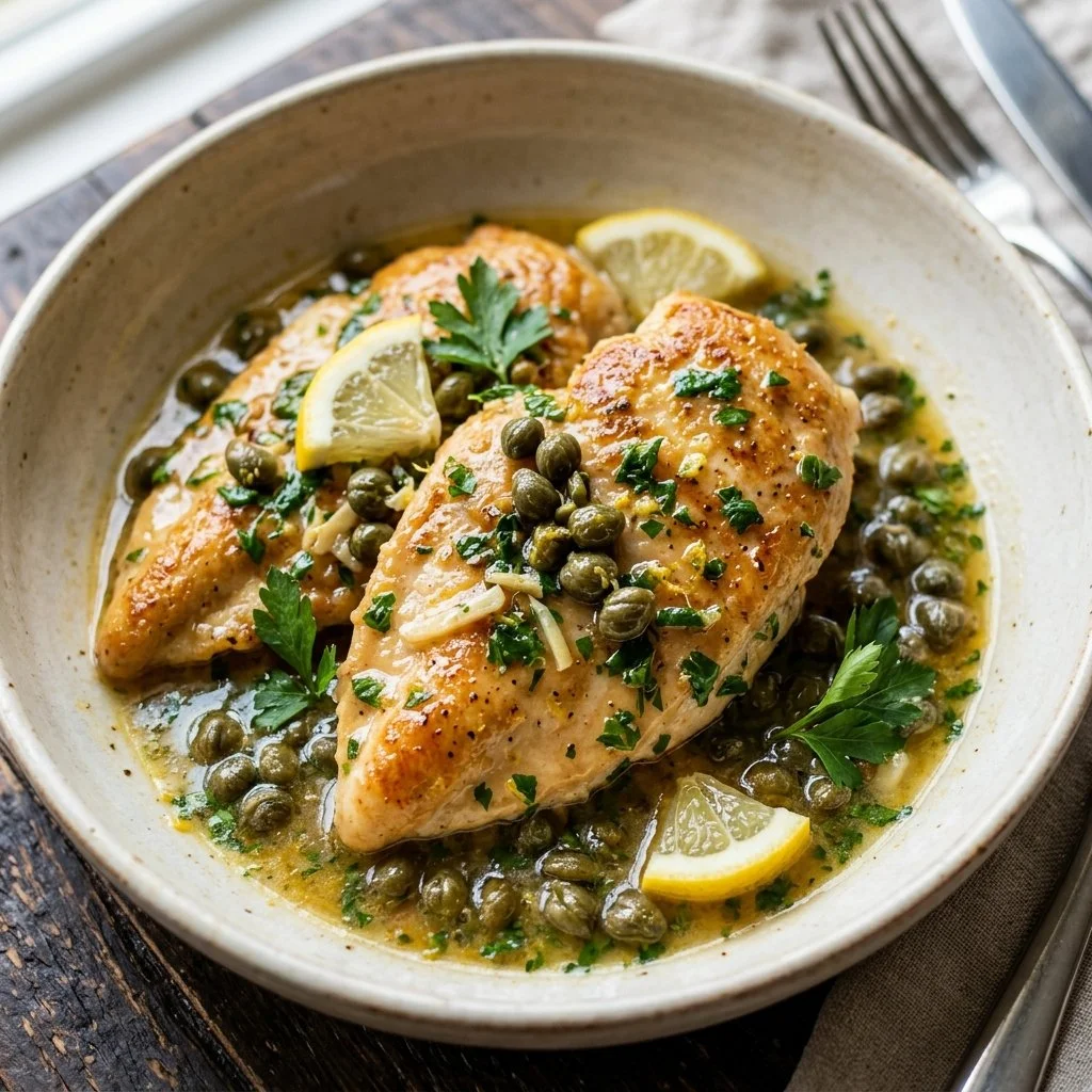 Delicious Chicken Piccata served with lemon and capers on a plate