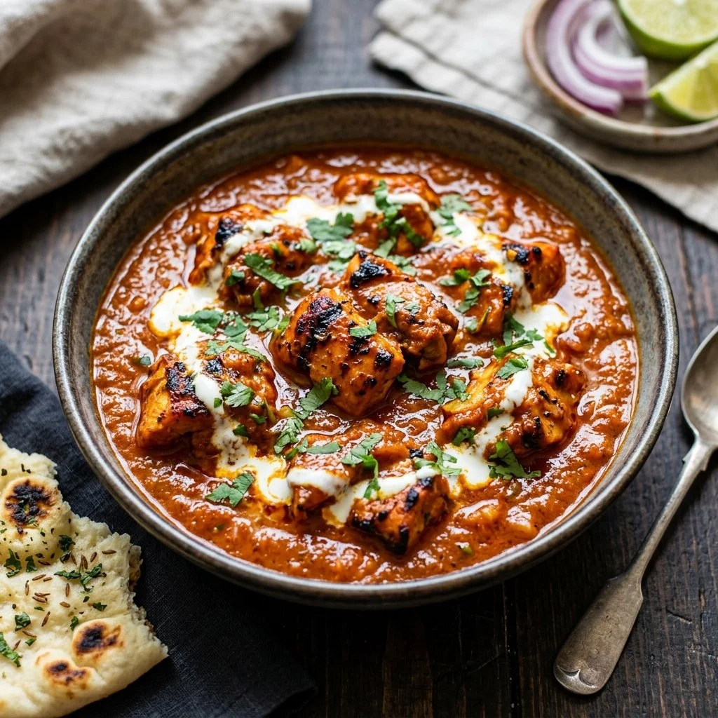 Delicious Chicken Tikka Masala served with rice and naan on a plate