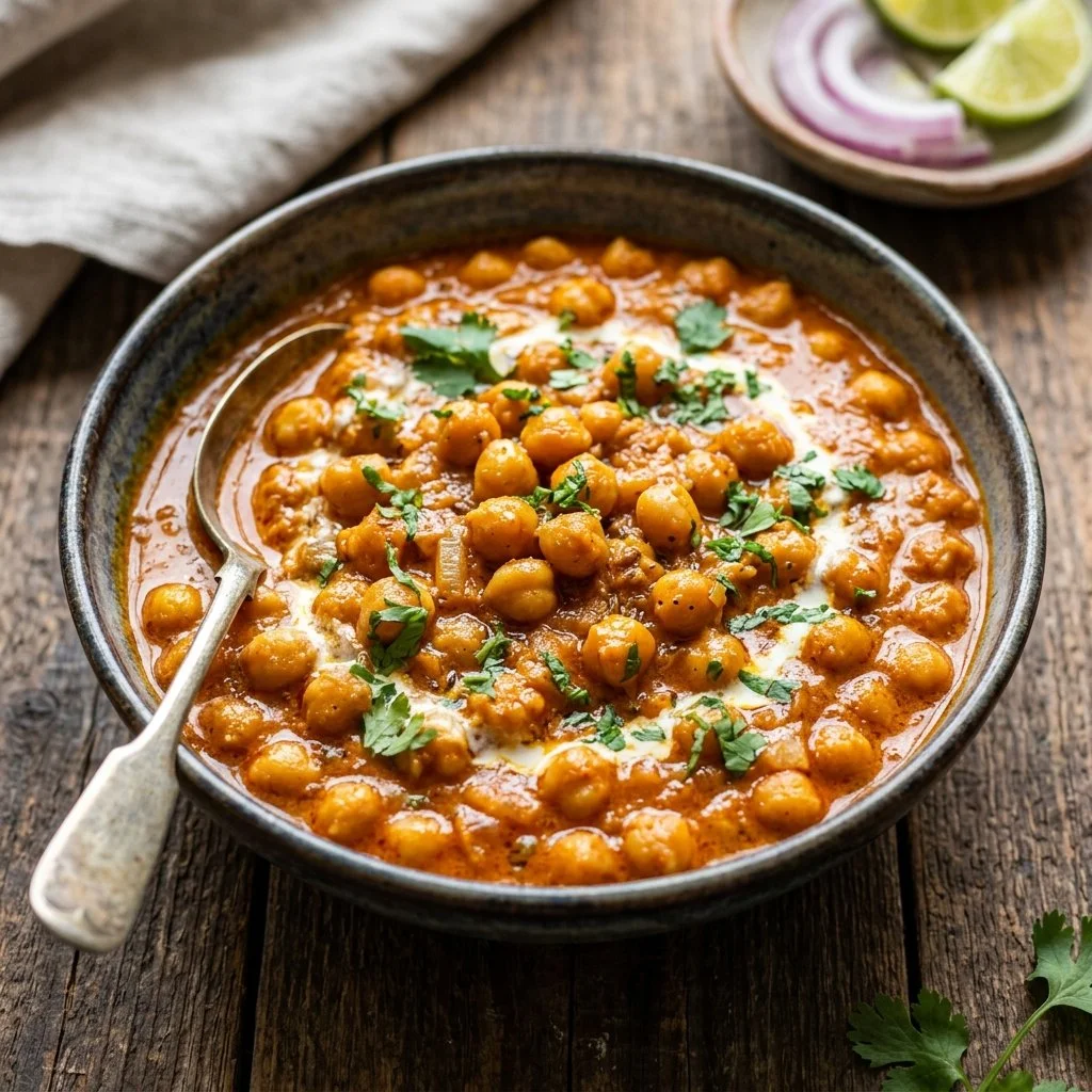 Bowl of Chickpea Tikka Masala garnished with cilantro and served with rice.
