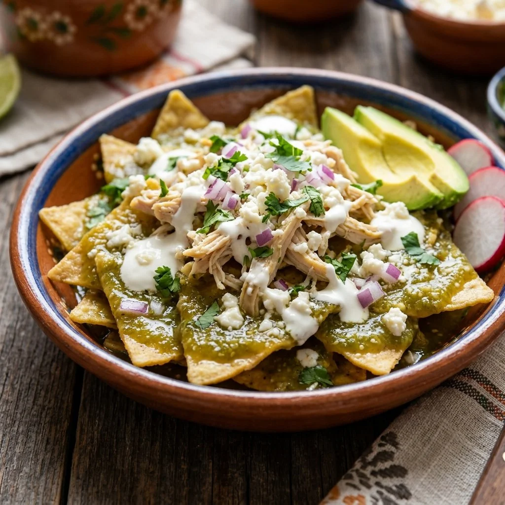 Delicious chilaquiles verdes topped with crema and avocado, served in a colorful dish