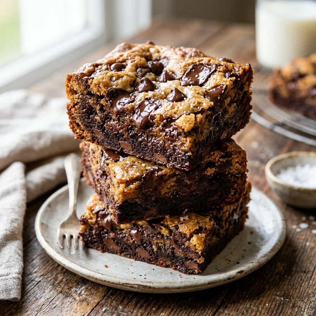 Delicious chocolate chip brookies served on a plate