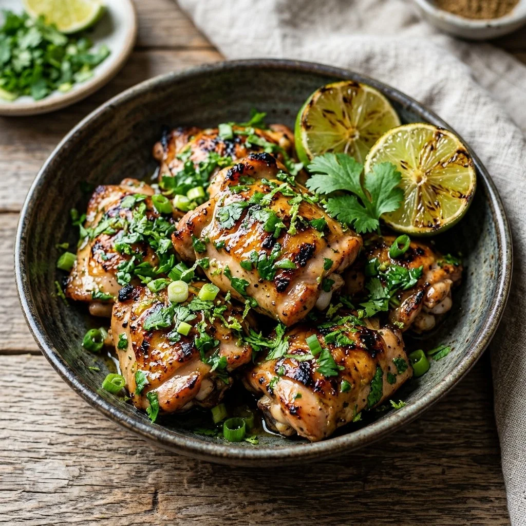 Juicy cilantro lime chicken garnished with fresh cilantro and lime slices.