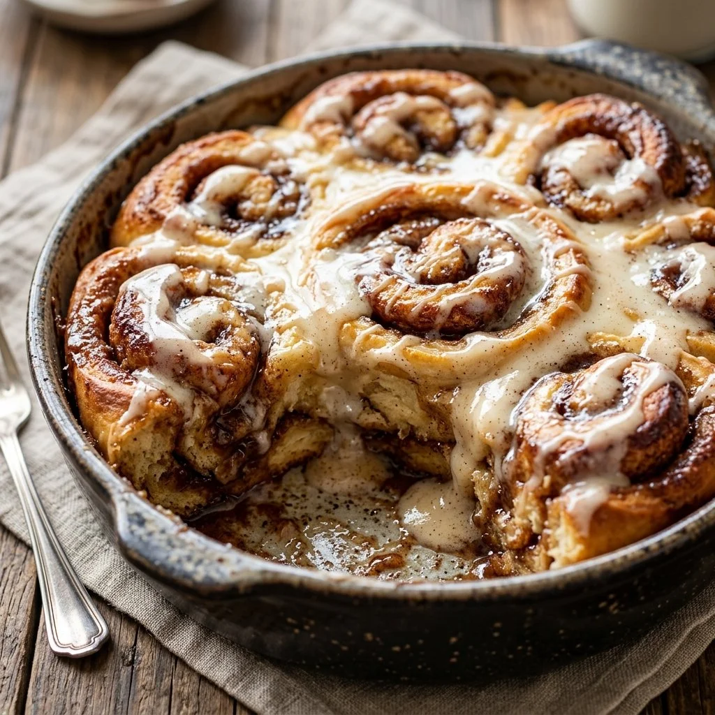Delicious cinnamon roll casserole baked with gooey rolls and sweet sauce.
