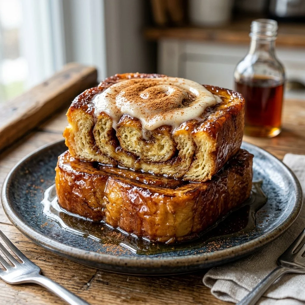 Delicious Cinnamon Roll French Toast topped with icing and fresh berries