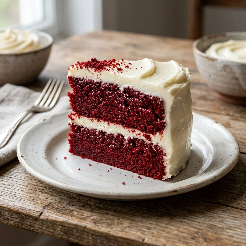 Classic red velvet cake with cream cheese frosting on a white plate