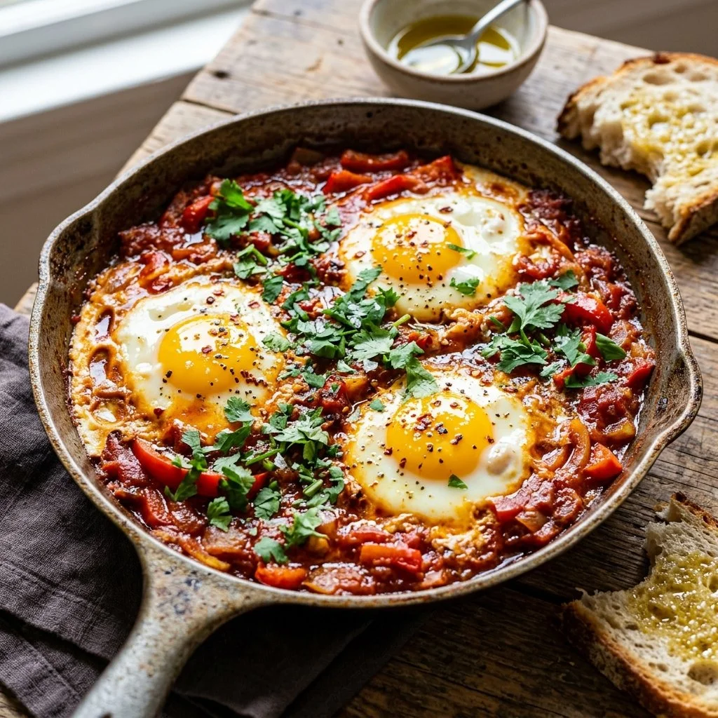 Delicious Classic Shakshuka served in a skillet with eggs and spices