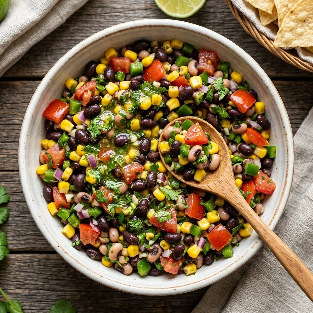 Bowl of colorful Cowboy Caviar dip made with beans, corn, and tomatoes