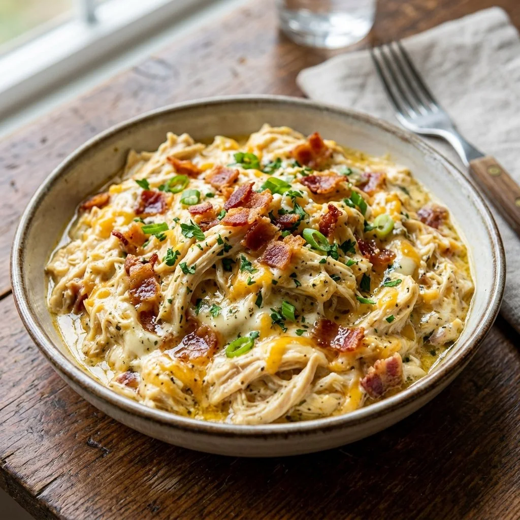 Delicious bowl of Crack Chicken with creamy sauce and toppings